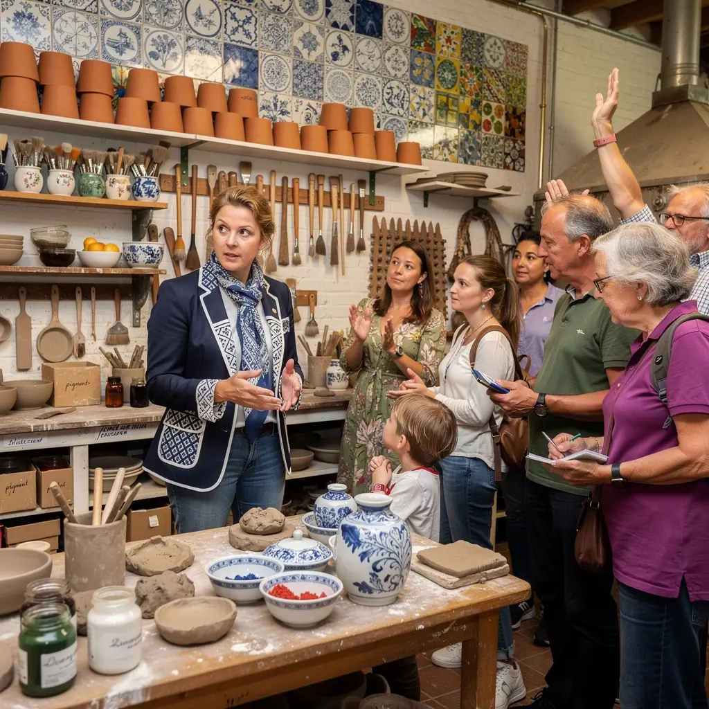 Een close-up van een prachtig handgeschilderd Delfts blauw bord op een werktafel.