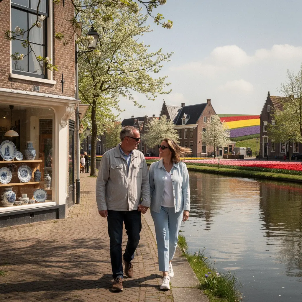 Toeristen die genieten van een wandelroute door de charmante straatjes van Delft.