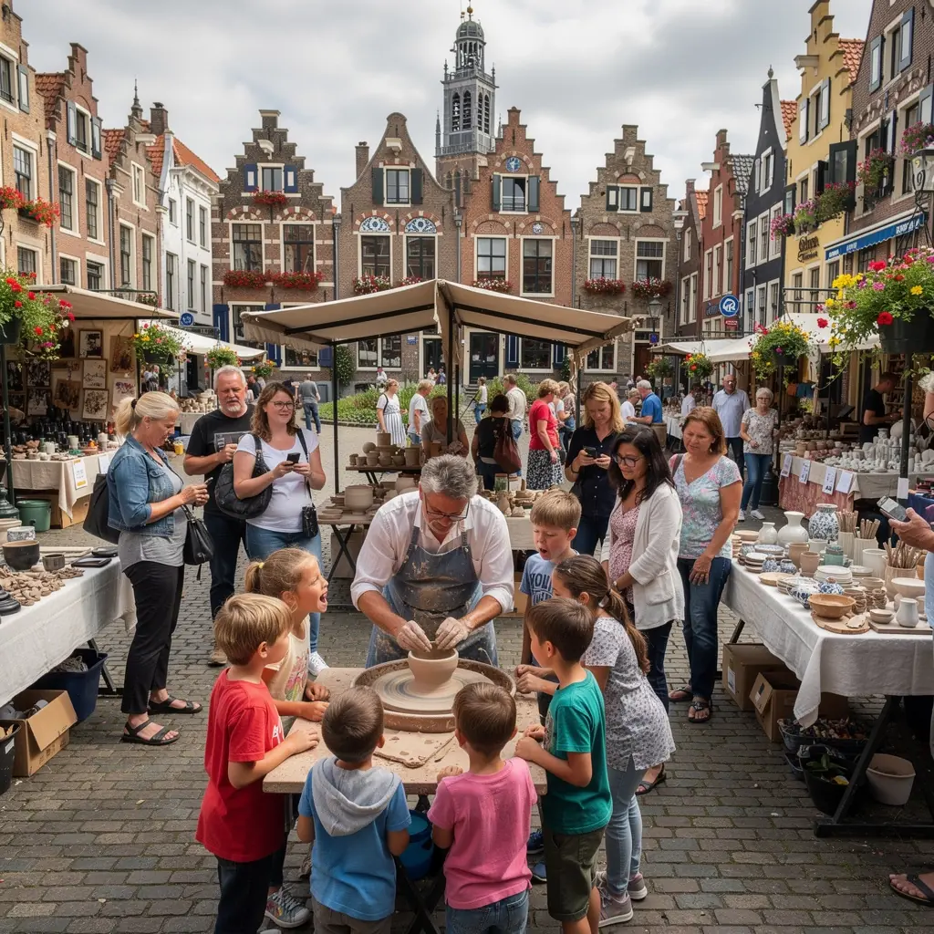 Een panoramisch uitzicht over de grachten van Delft met historische architectuur op de achtergrond.